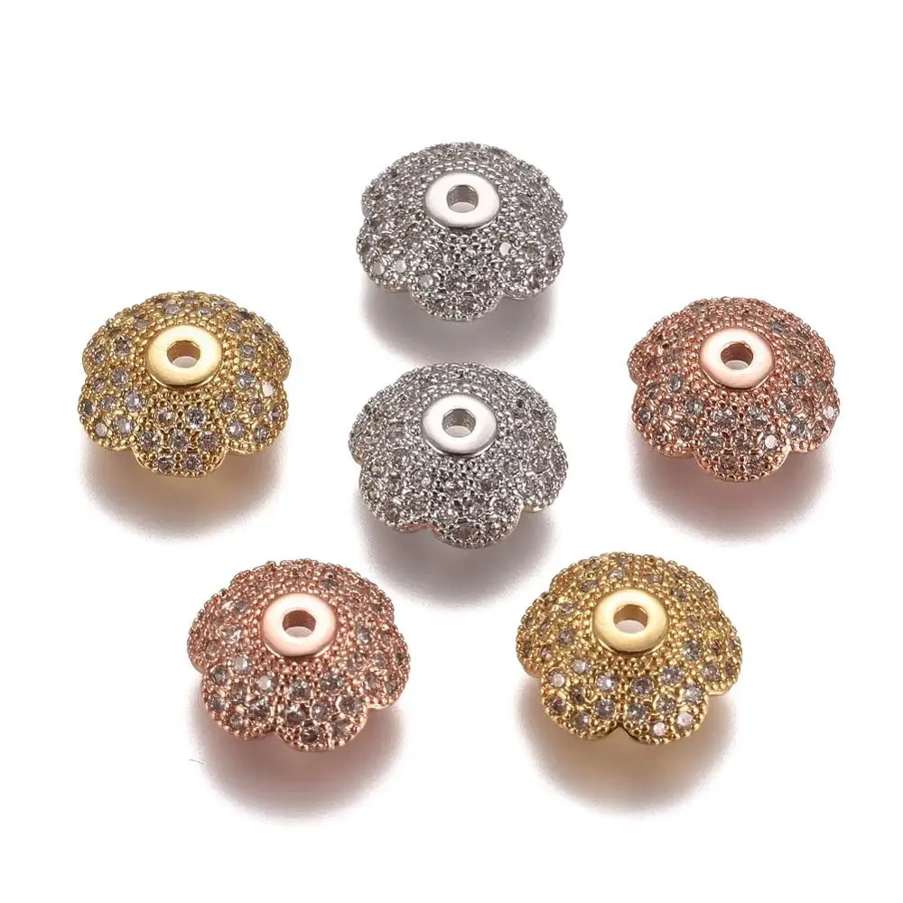 20Pcs Flower Brass Bead Caps 6-Petal Micro Pave Cubic Zirconia Bead Cap Mixed Color for DIY Jewelry Needlework Make Accessories