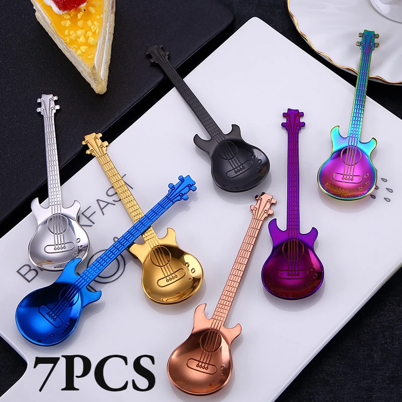 

7PCS/SET Stainless Steel Guitar Teaspoon Coffee Spoon Creative Christmas Gift Fashion Bar Tableware for watermelon dessert