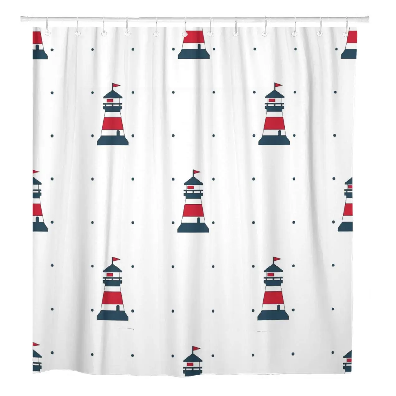 Blue Boat Lighthouse Pattern Marine Red Abstract Nautical Anchor Shower Curtain Waterproof Polyester Fabric 60 x 72 Inches Set