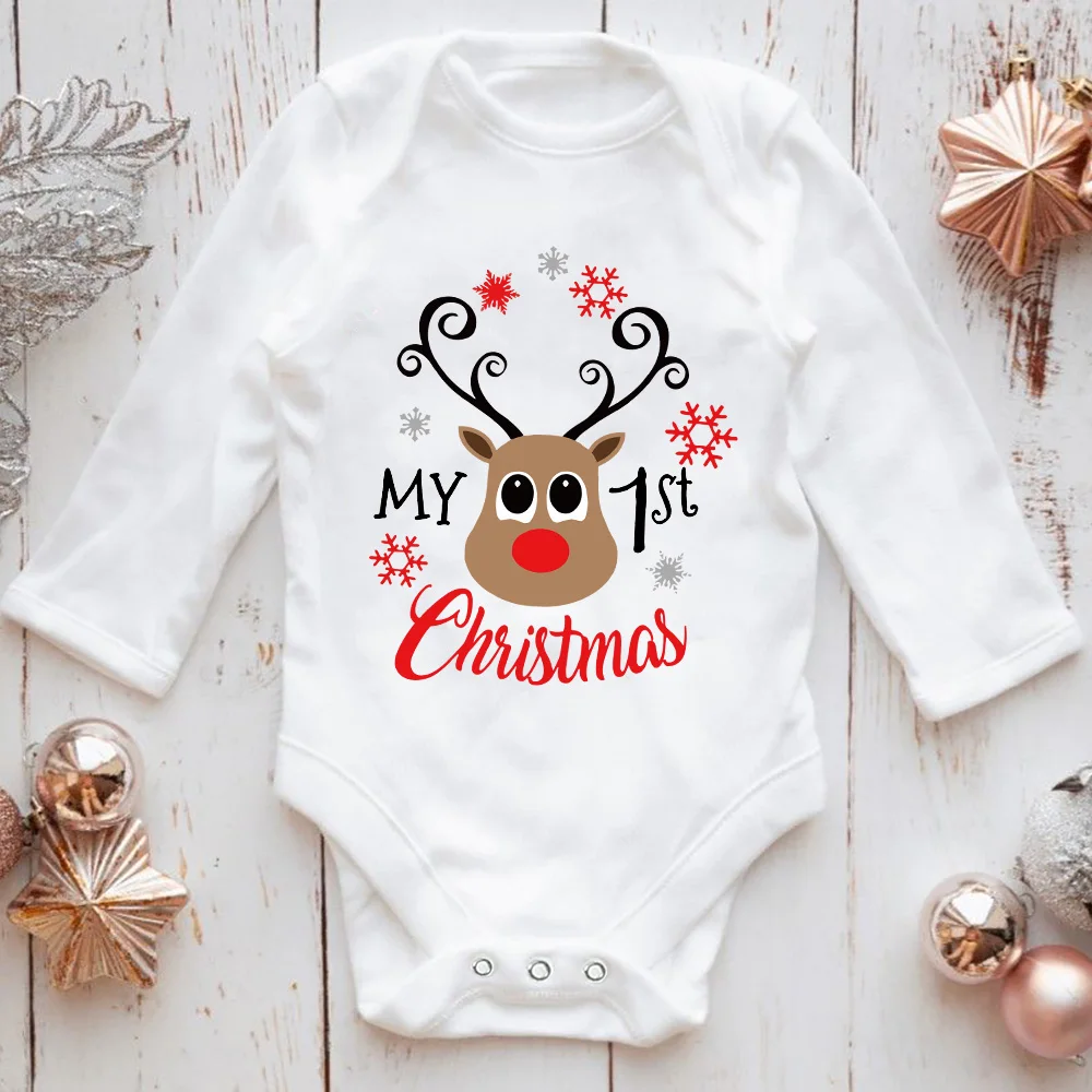 Funny Christmas Deer Newborn Baby Bodysuits White Long Sleeve Full Jumpsuits Boys Girls Infant Comfortable Playsuits Xmas Gifts