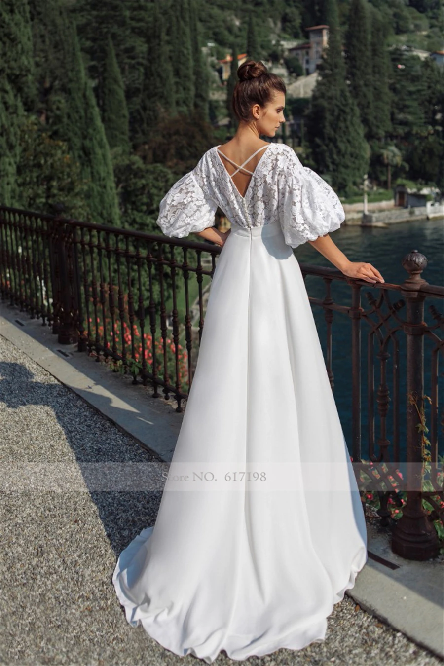 Abito da sposa collo alto pizzo/Chiffon bianco Puff mezze maniche abito da sposa Sweep Train vestidos novias boda