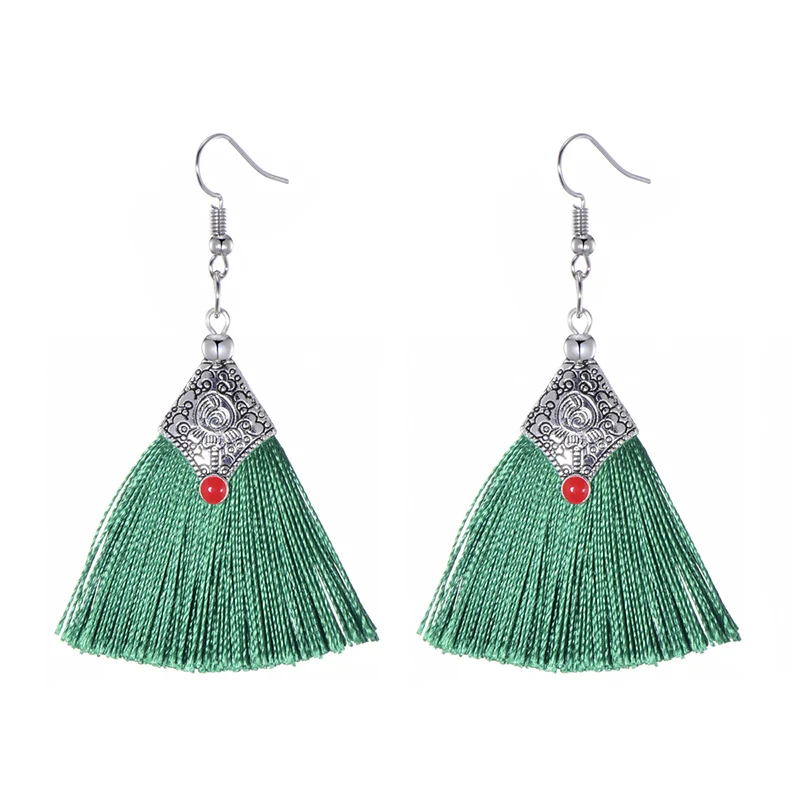 Fashion Silk Fabric Tassel Earrings Bhoemian Fringed Red Blue Black Pink Green Vintage Statement Drop Dangle Earrings For Women