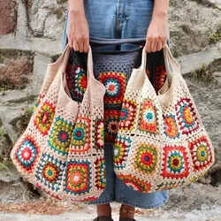 Jasny kolor Granny Square Crochet torebki Boho Chic Vintage Hippie kobiety torba śliczne torebki z dużej pojemności DIY Kintting