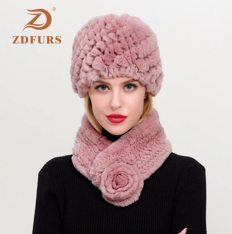 ZDFURS * Mùa Đông Nữ Thật Rex Thỏ Mũ Lông Thú Khăn 2 Bộ ĐAN Handmade Chính Hãng Lông Thỏ Mũ Lưỡi Trai Thương Hiệu thời Trang Xinh Xắn Khăn