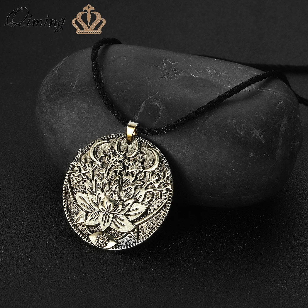 Triple Moon Goddess With A Lotus Flower Wiccan Evil Eye Necklace Women Men Engraved Witchcraft Amulet Talisman Jewelry Collar