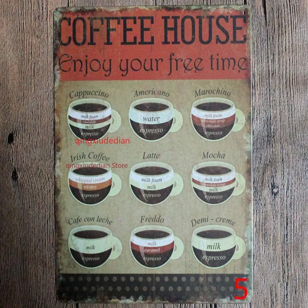 Original Retro Design Coffee House Tin Metal Signs Wall Art, Enjoy Your Free Time Thick Tinplate Print Poster Wall Decoration