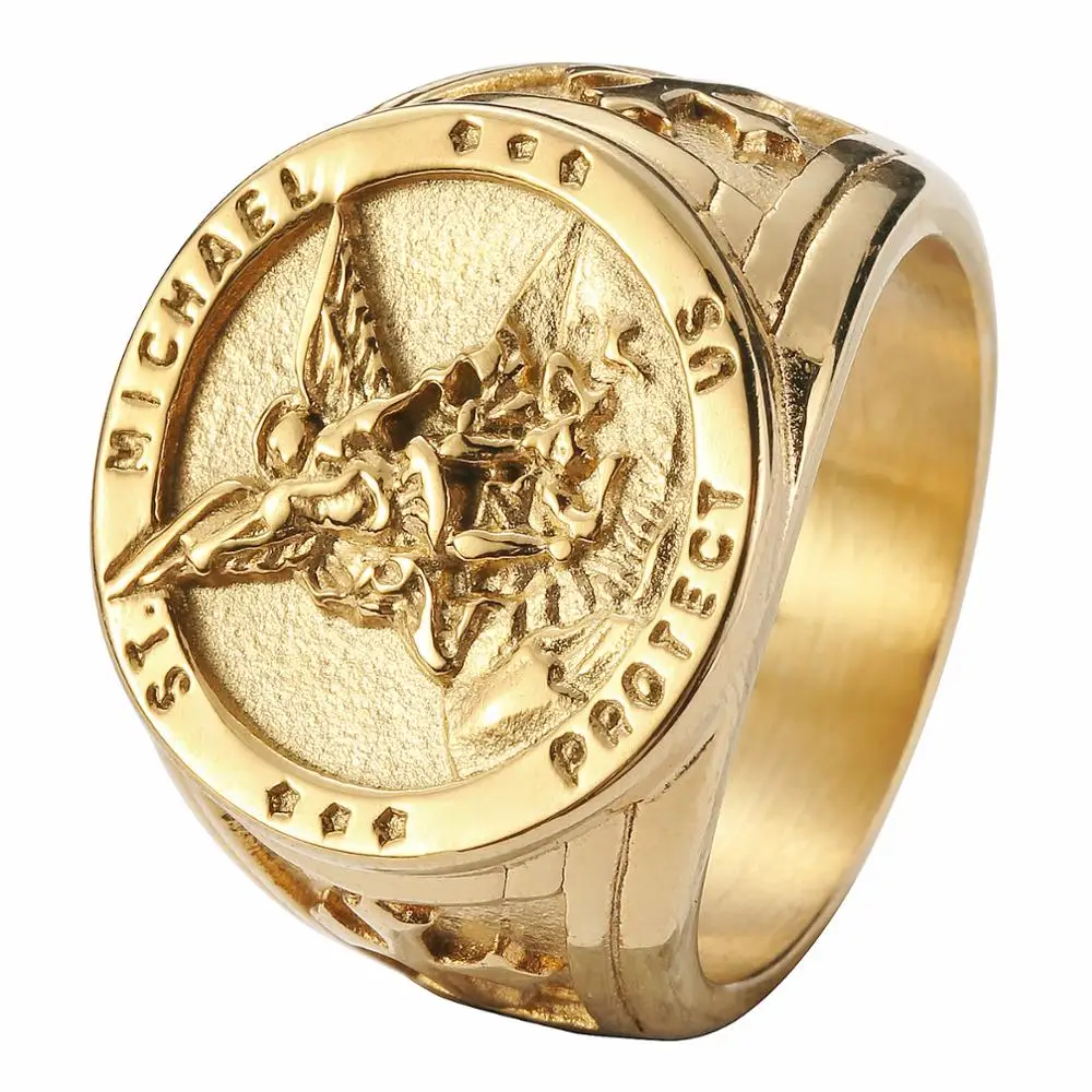 Size 7-14 Cross SAINT MICHAEL PROTECT US Ring 316L Stainless Steel Boys Mens New Cross Ring