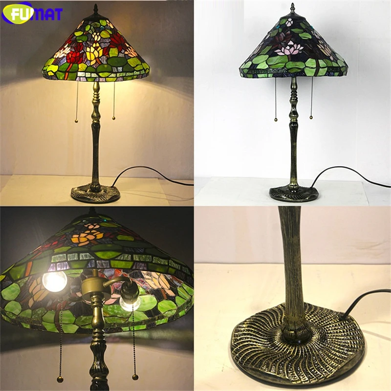 FUMAT Tiffany Style Stained Glass Table Light Multicolor Rose Lotus Flower Lampshade Arts House Decor Alloy Frame Rero Desk Lamp