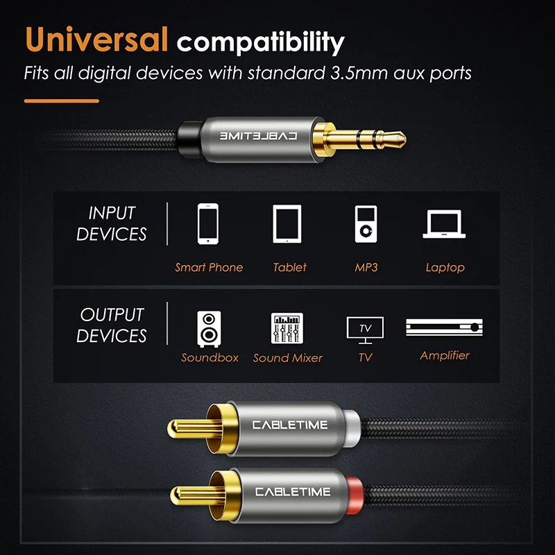 CABLETIME AUX 3,5 mm Jack do 2 RCA Kabel audio M/M 3,5 RCA AUX Stereo do słuchawek do wzmacniaczy DJ Audio Theater DVD C106