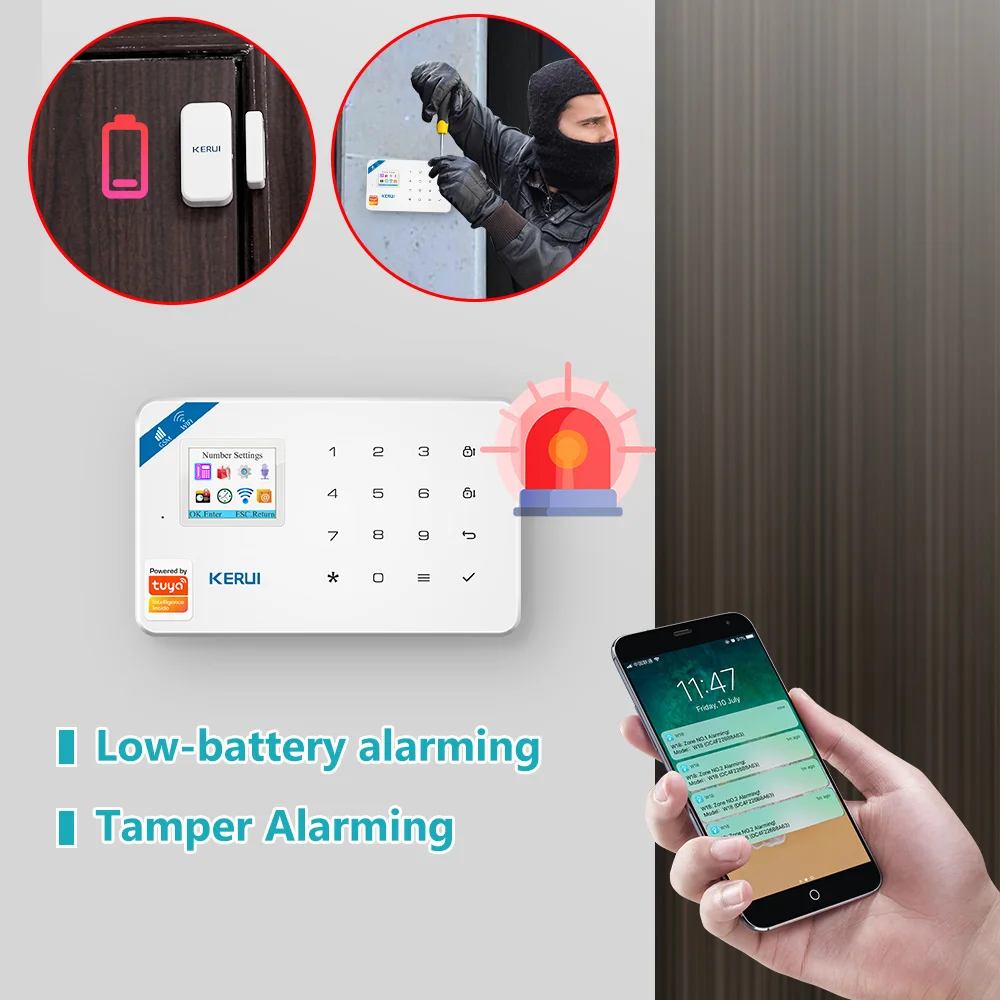 Kerui w181 wi fi gsm tuya sistema de alarme segurança em casa inteligente app controle sem fio sensor da porta pir detector movimento alarme do