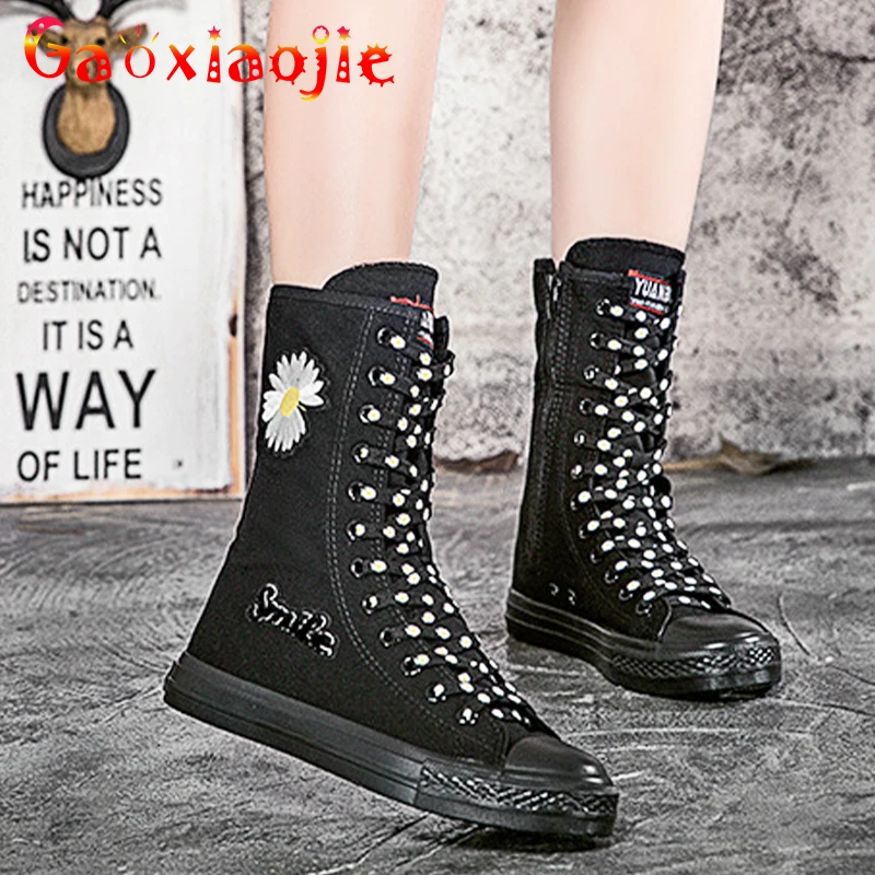 2021 Spring Autumn Middle Tube Canvas Daisy Decoration Side Zipper Women Shoes Soft Bottom Casual Fashion Comfortable Flat Shoes