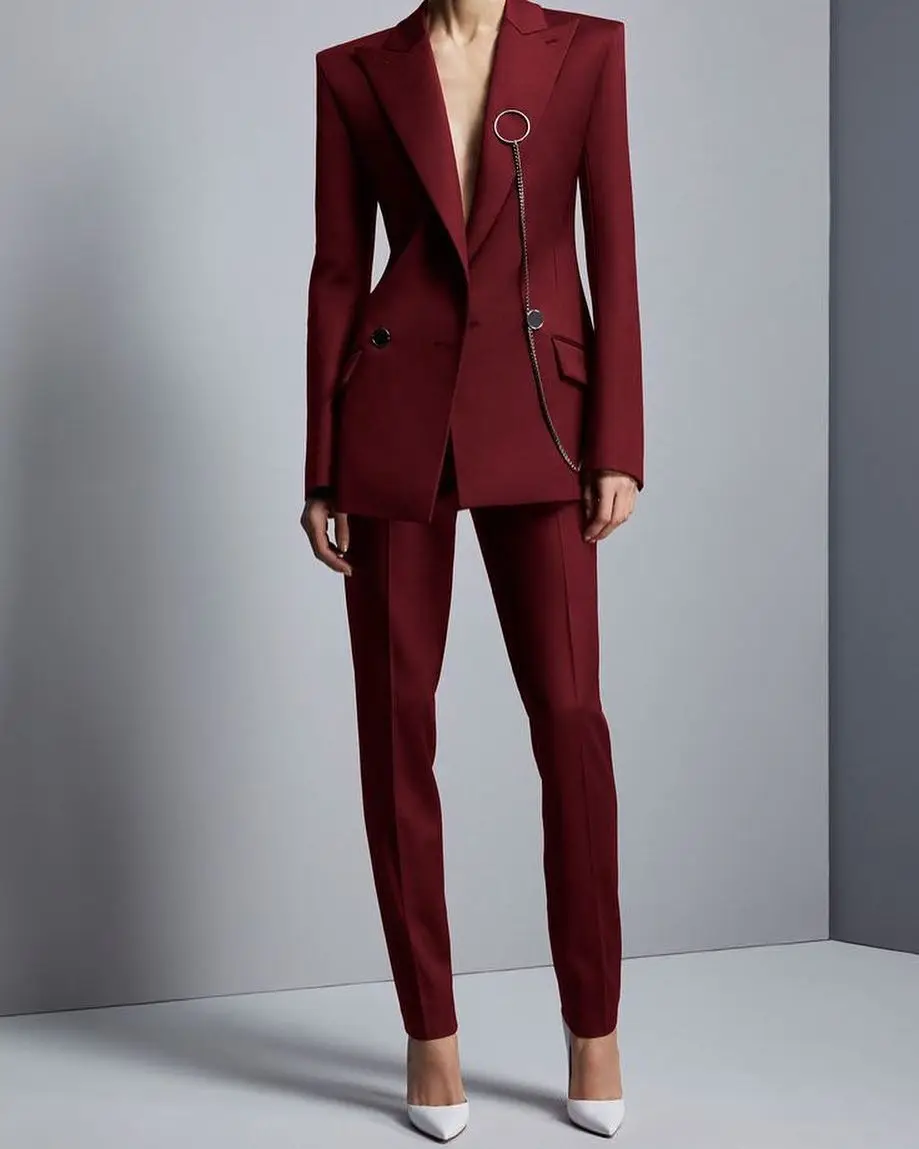 Retro Burgundy Women Suits Elegant Custom Made Peaked Lapel Blazer Office Lady Party Prom Jacket 2 Pieces Set