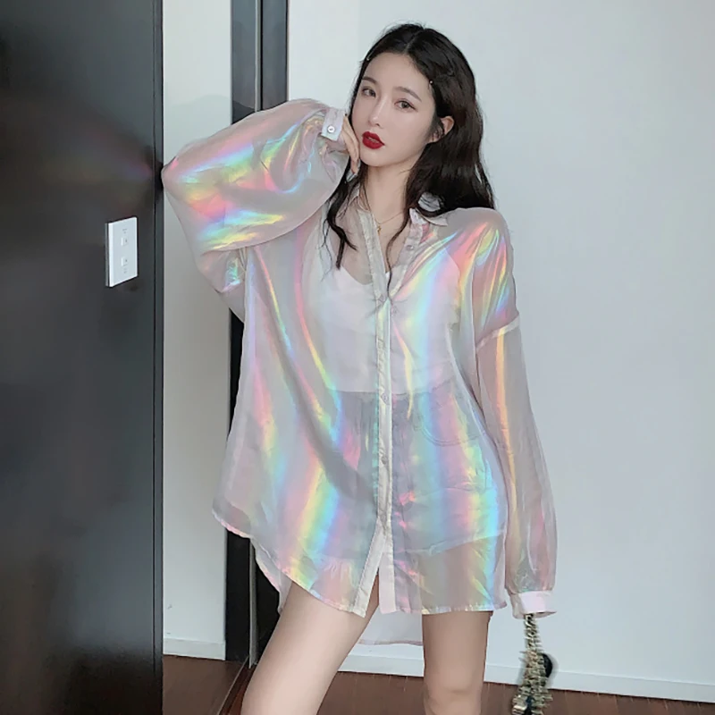 Rainbow See Through Sunscreen Sunproof Shirt Cute Lolita Sweetie Laser Hologram Chic Blouse