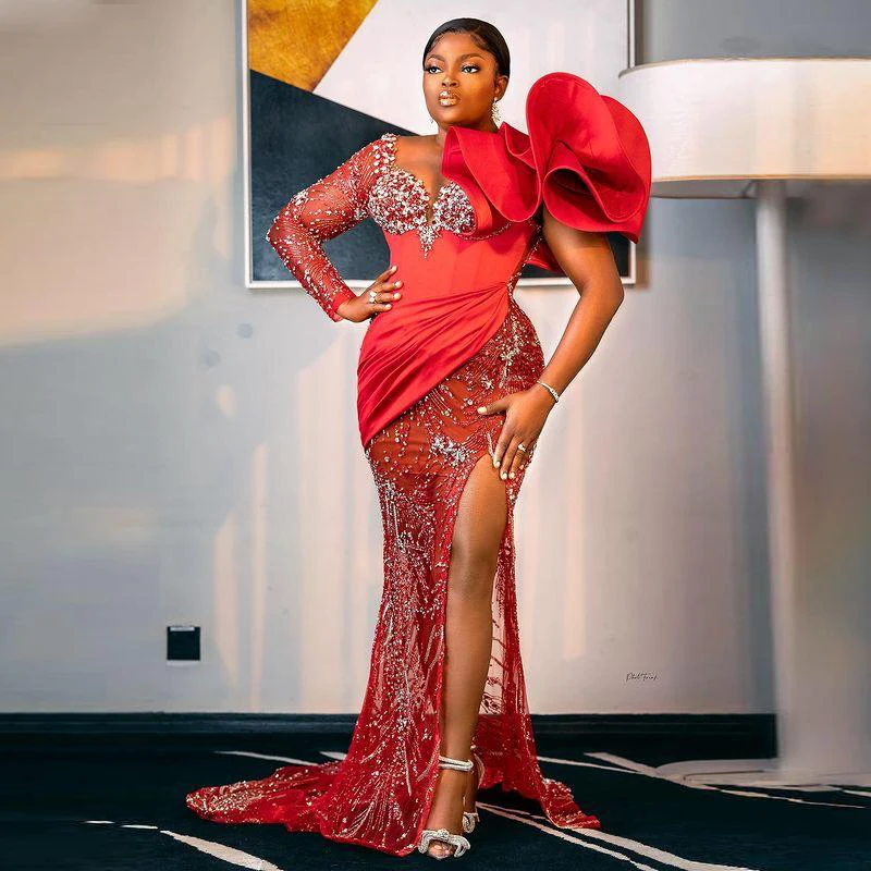 Crystals Beaded Red See Through Prom Dresses Aso Ebi One Shoulder Sheer Long Sleeve Eveing Gowns Plus Size Women Party Dress