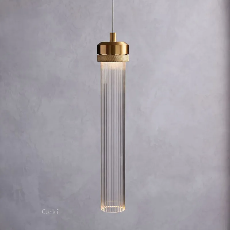 Post-Modern Long Glass Pendant Lamp clear striped tube glass Hanging Lights Nordic Creative Living Room Bedroom Bedside FIxtures