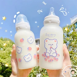 320ml Kawaii Strawberry Bear Glass Water Bottle For Girls Kids Adult Milk Juice Straw Cup Frosted Leakproof Drinking Bottles