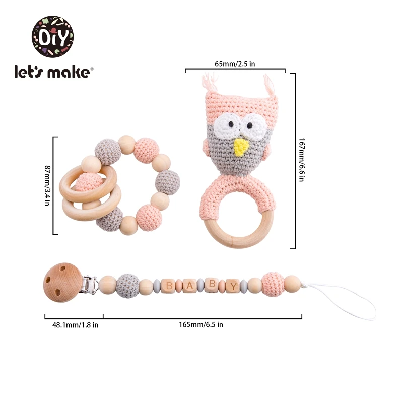 Let's Make Baby Rattles Set Crochet Animal Elk Amigurumi Elephant Baby Teether Wooden Pacifier ChainBPA Free Nursing Rattle Toys