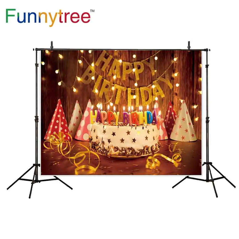 

Funnytree Photography Backdrops Golden Birthday Cap Cake Candles Light Bright Celebrate Photocall Photography Studio Funds Fond