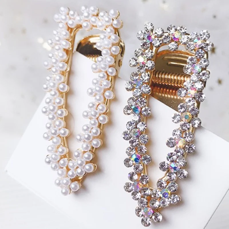 Geometric Crystal Hair Clips Shiny Rhinestones Pearl Waterdrop Hairpins Women Bangs Side Barrette Headwear DIY Styling Ornaments