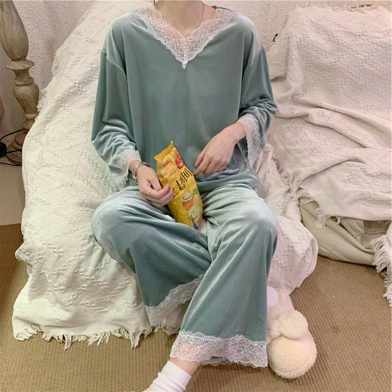 Fdfklak Lace Stitching Gold Velvet Sleepwear Pijamas Suit Female Homewear Mujer Spring Autumn New Women Pyjamas Sets