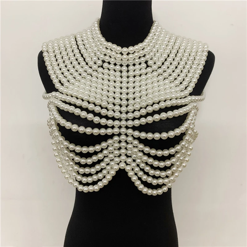 

Bridal Luxury Pearls Wedding Cape Lady Retro Shawl Female Elegant Noble Bolero Party Beaded Ivory Shrug Club Body Top Chain