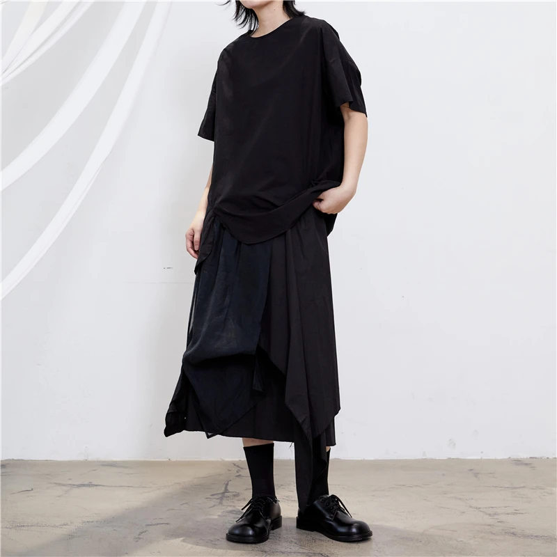 Summer ladies round collar solid color irregular design hem simple loose fashion short-sleeved T-shirt back button pleats short