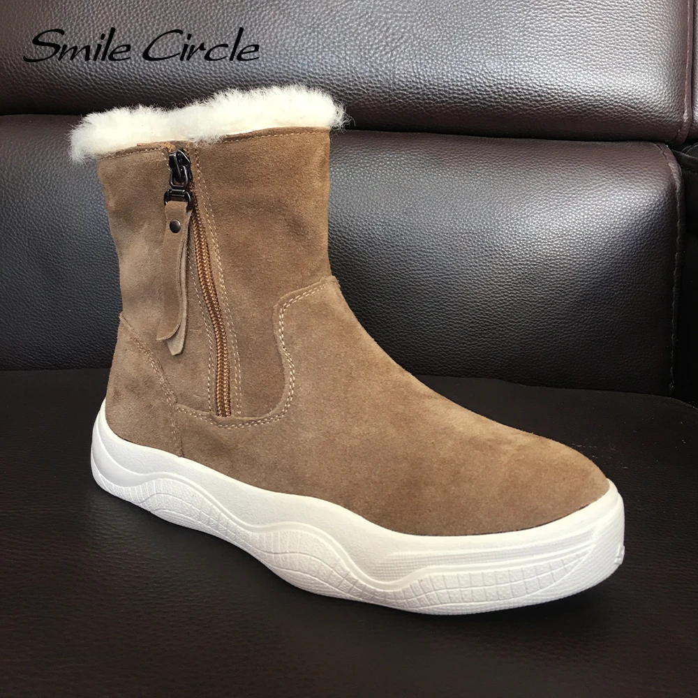 Smile Circle Suede Leather Ankle Boots Women Natural fur Warm Snow Boots Zipper Easy to wear Flat Boots Winter Ladies Shoes