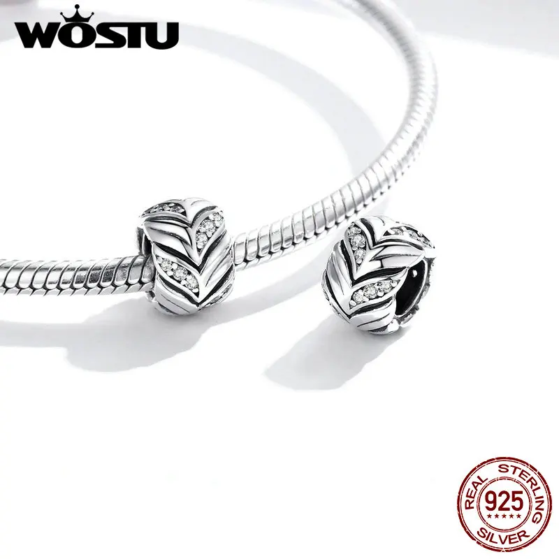 WOSTU Wheat Ears Charm 925 Sterling Silver Zircon Round Bead Fit Original Bracelet Necklace Pendant DIY Jewel;ry Making CQC1614