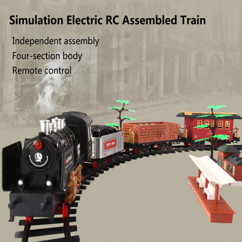 Simulation Electric Assembled RC Train Four-section Body Realistic Scene Chimney Smoke Whistle 666CM Long Track Children RC Toy