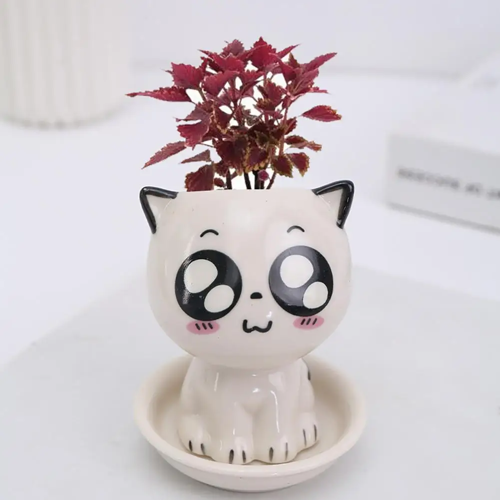 Mini Cat Shaped Ceramic Flowerpot Cartoon Cute Hand Desktop Potted Plant Pot Landscaping Decoration Desk Decorate Small Ornament