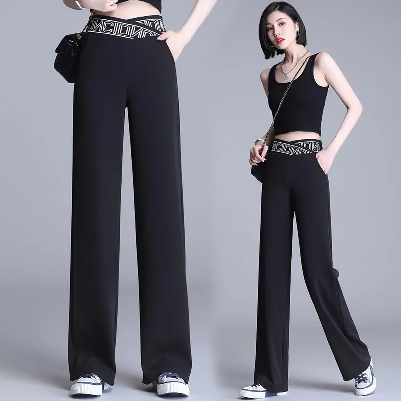 White Wide Leg Pant Women 2021 Summer Thin Cross Letter Elastic Waist Straight Long Pants Streetwear Loose High Waist Trousers