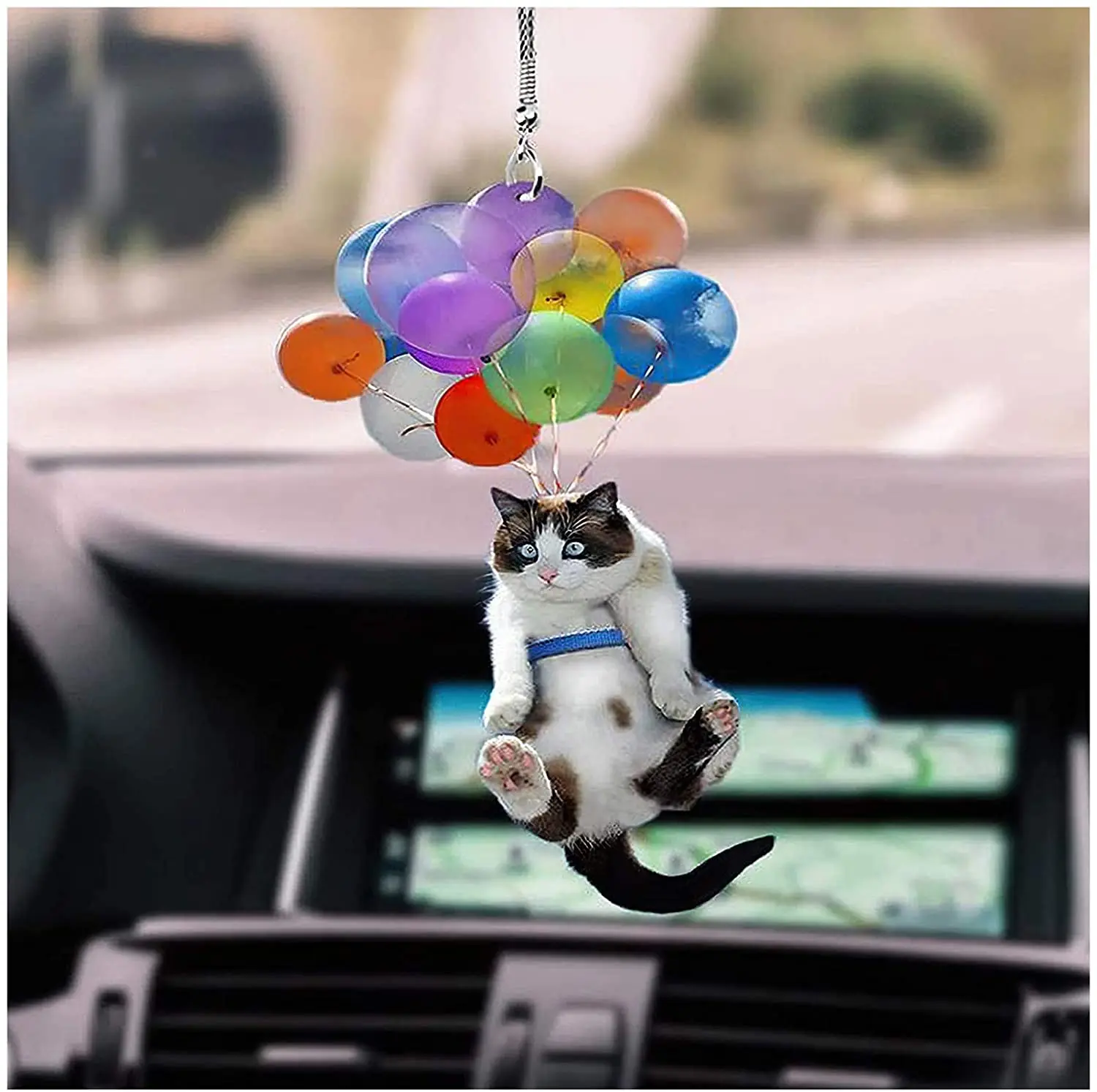 Cat Car Hanging Ornament with Colorful Balloon Cute Car Hanging Ornament Keychain Car Pendant Creative Cute Cat