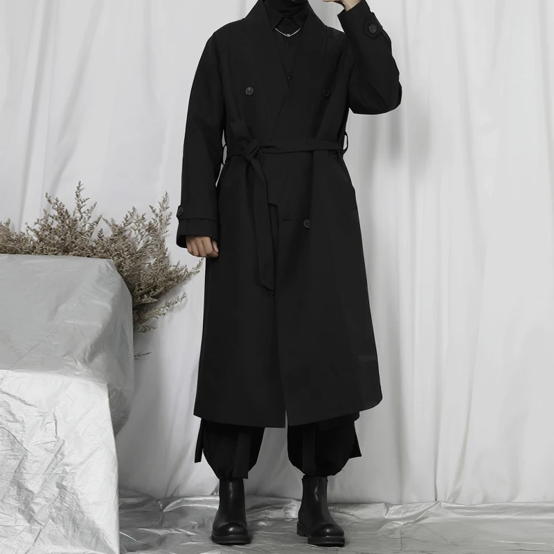 Men's Trench Coat Spring And Autumn New Double Breasted Fashion Long Strap Over The Knee Leisure Loose Large Coat