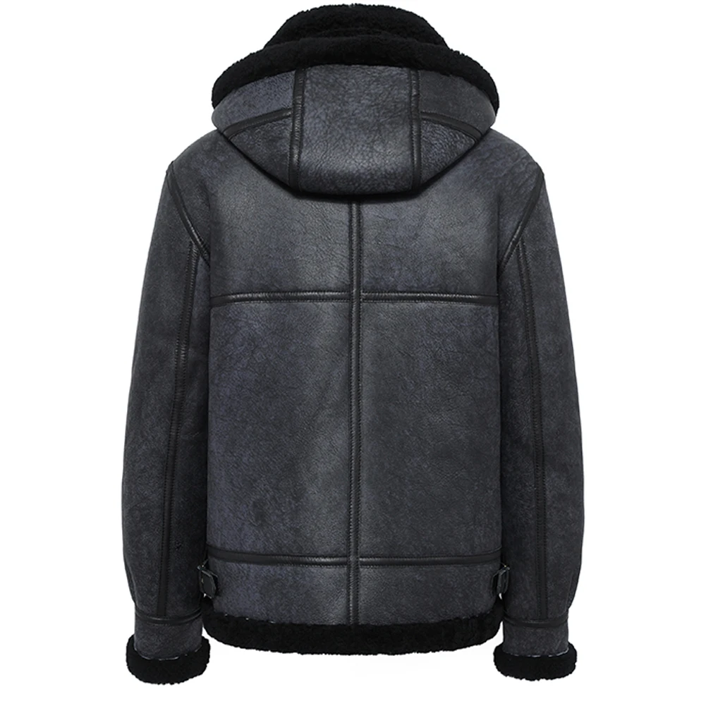 Mens Detachable Hooded B3 Bomber Jacket Sheepskin Shearling Jacket Men Shearling Fur Coat Deep Gray Color