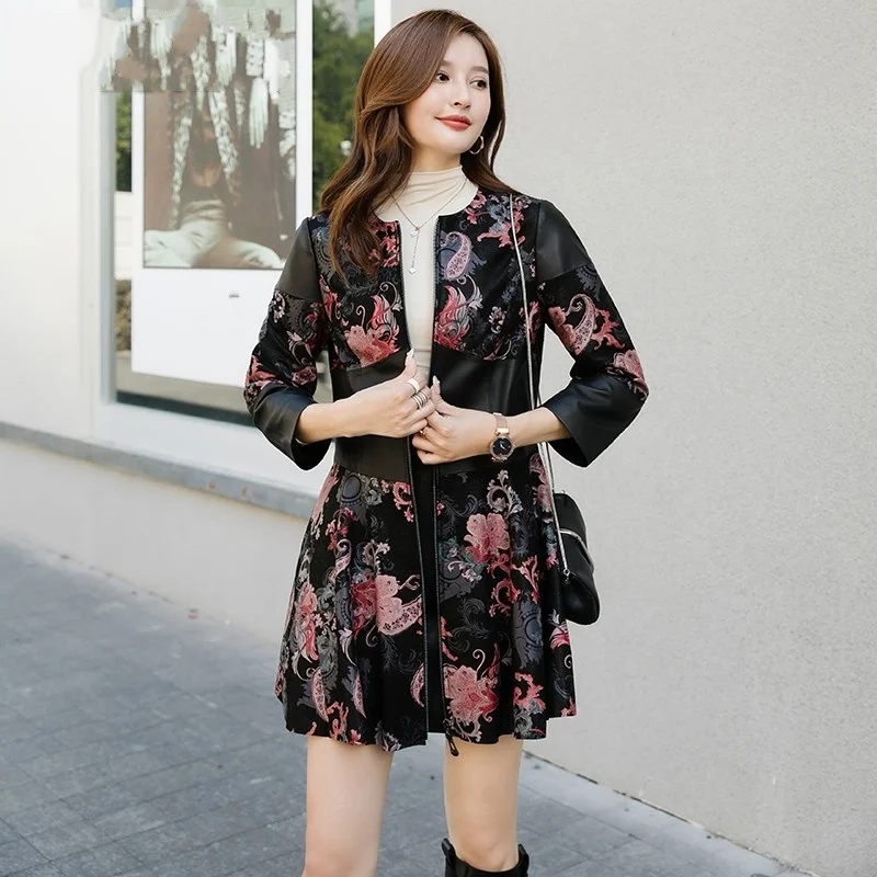 Women Fashion Colors Mixed Sheepskin Genuine Leather Dress Elegant Ladies Slim Wrist Sleeve Floral Printed Ruffles Mini Dresses