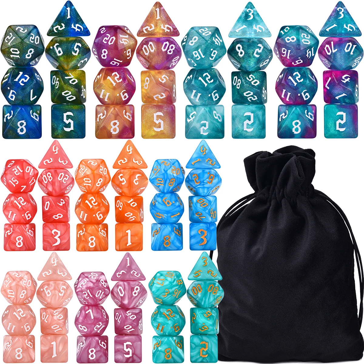 

70 Polyhedral Dice in 10 Guaranteed Complete Sets for TRPG DND – Nebula, Galaxy, Glitter, Swirl, Semi-transparent