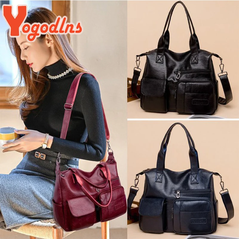 Yogodlns Vintage Casual Style Big Shoulder Bags for Women PU Leather Solid Color Luxury Tote Handbag Ladies Trendy Messenger Bag