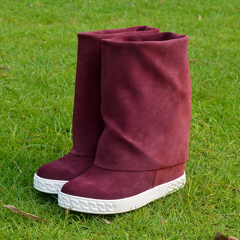 Fashion Maroon Red Suede Knee Boots Two Wear 8CM hidden inner heel Woman Shoes Thick Sole Slip On Foldover Bottine Real Photos