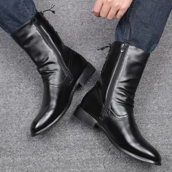 new fashion mens nightclub motorcycle mid-calf high boots cow leather shoes autumn winter long botas masculina calzado hombre