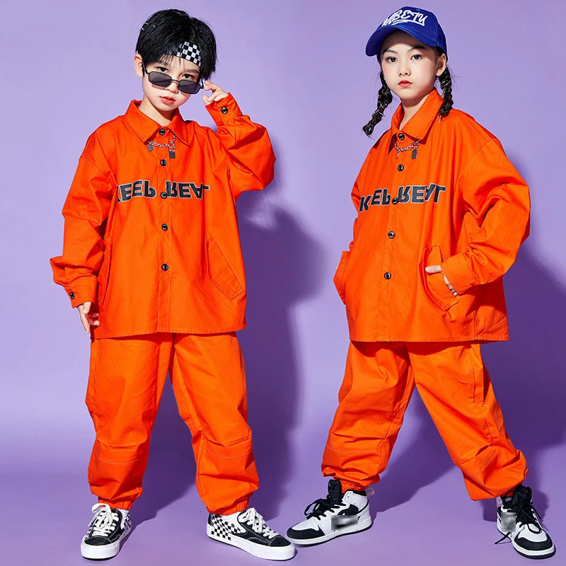 Boys Hip Hop Dance Costume Loose Orange Overalls Shirts Pants Girls Kids Ballroom Hip-Hop Performance Clothes Rave Wear BL7355