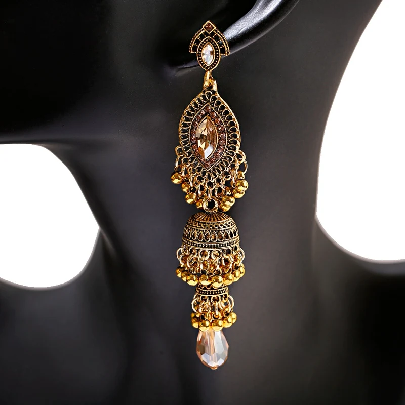 Retro Women\'s Big Gold Color Bohemian Jhumka Earrings Indian Jewelry Water Drop Shape Palace Bells Beads Stud Earrings Orecchini