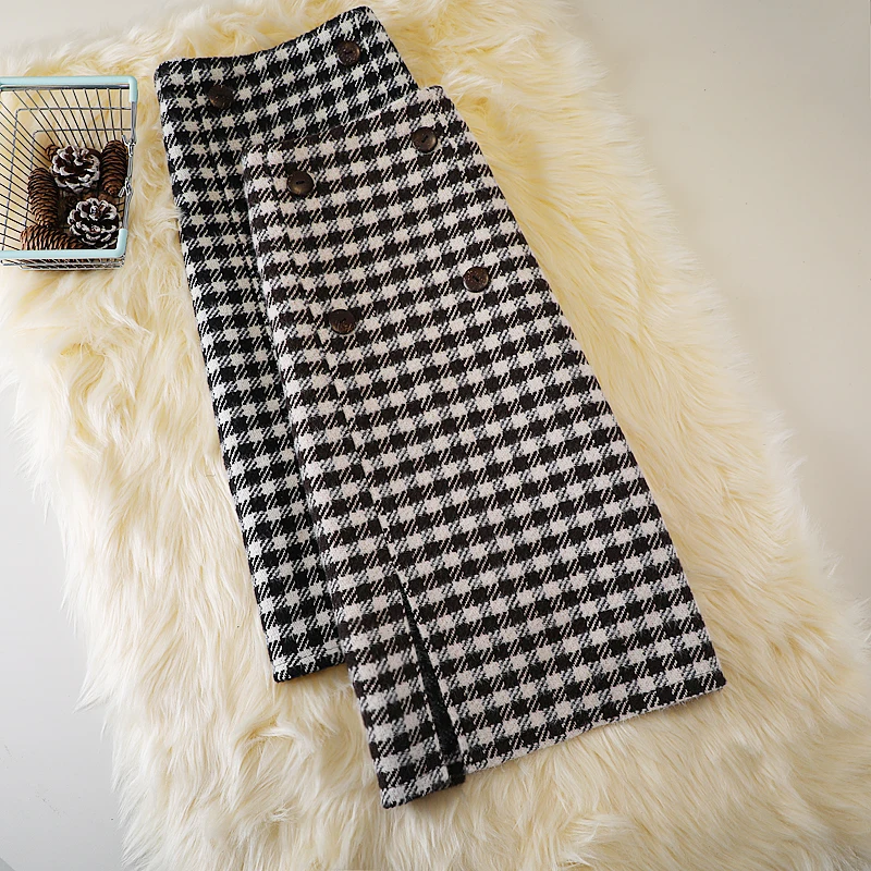 

Woolen plaid mid-length one-step skirt women autumn winter new high-waist all-match split skirt