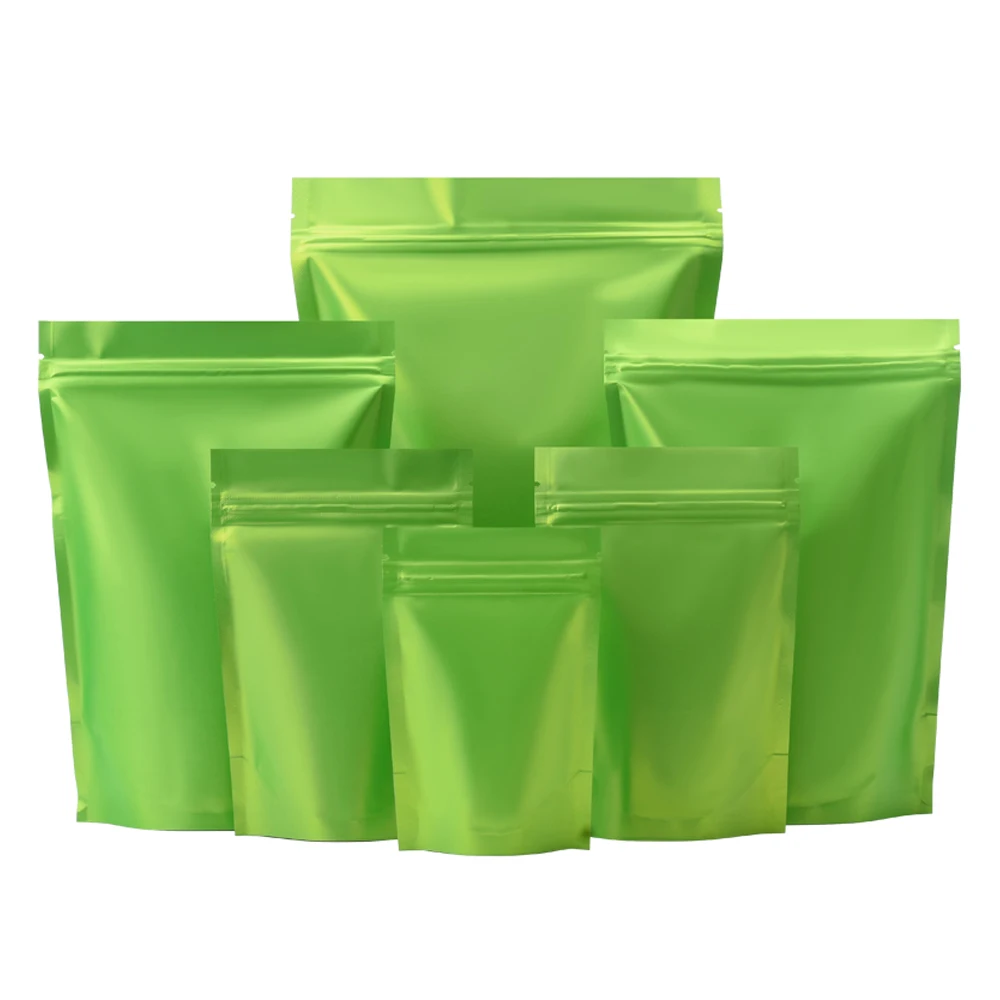 100Pcs Matte Green Mylar Foil Zip Lock Stand Up Bag Self Grip Zipper Seal Tear Notch Reusable Doypack Food Packaging Pouches