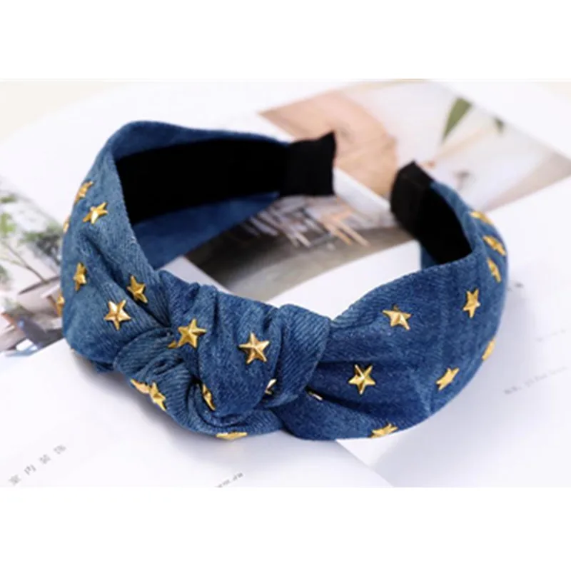 Metal Stars Denim Headbands for Women Hair Accessories Top Knot Denim Headband Adults Solid Hairband Bow Not Slip Head Hoop