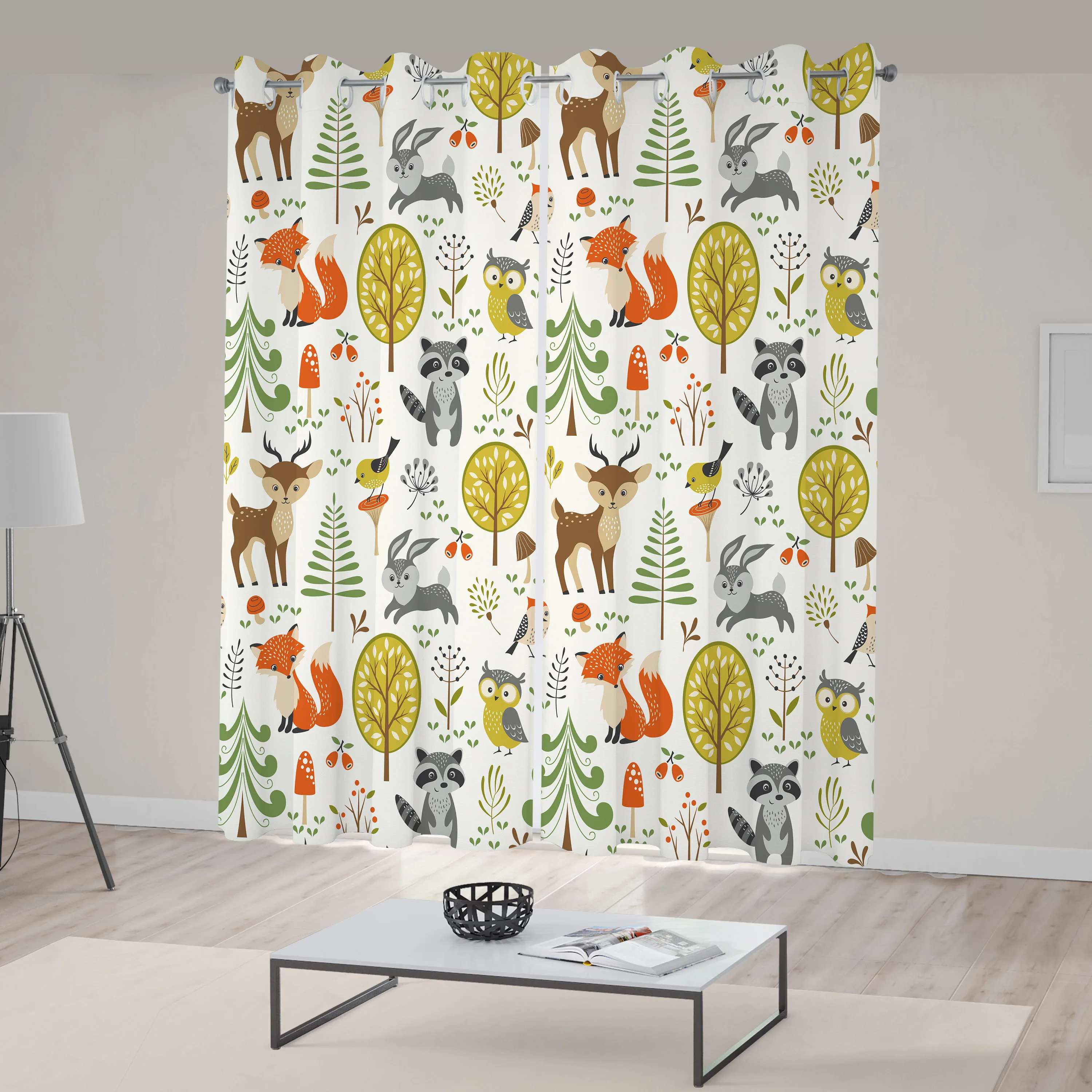 Animals Window Curtains Woodland Forest Animals Trees Birds Owls Fox Bunny Deer Raccoon Mushroom Print Living Room Bedroom Decor