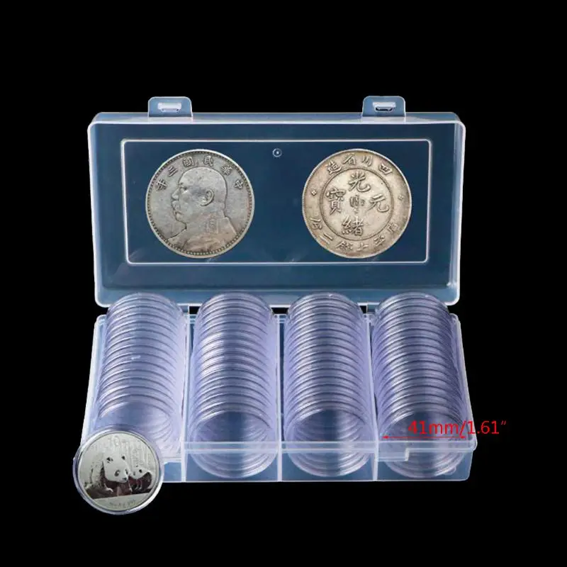 60Pcs Clear Round 41mm Direct Fit Coin Capsules Holder Display Collection Case With Storage Box For 1 oz American Silver