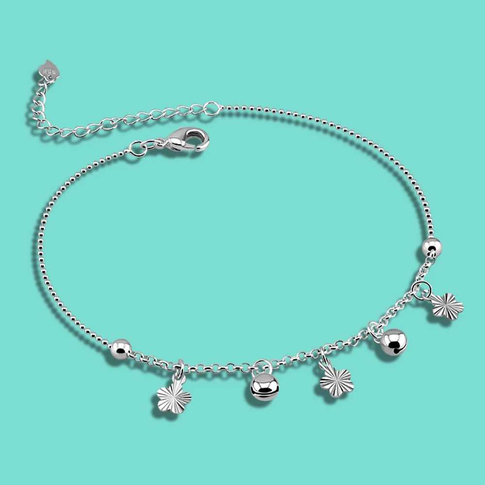 Foot Chain of Women 925 Sterling Silver Flower Bell Bracelet Anklet Simple Beads Fashion Jewelry Accessories New Beach Party