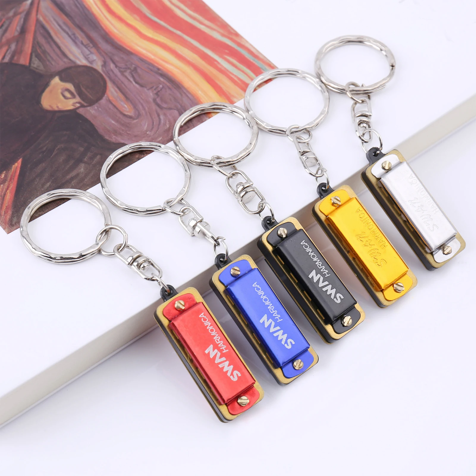 SWAN Keychain Harmonica 4 Holes 8 Tones Key of C Small Harmonica Decoration Mini Music Instrument for Beginners Students