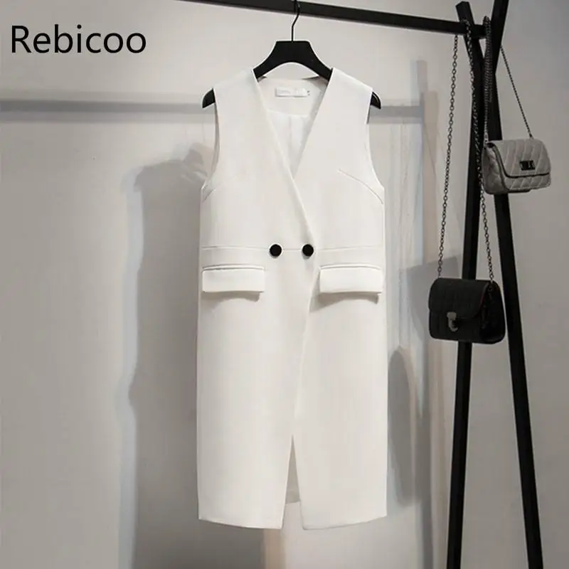 

Casual Solid Double Breasted Long Women Suit Vest Korean V Neck Flap Pockets Waistcoat femme colete Tops