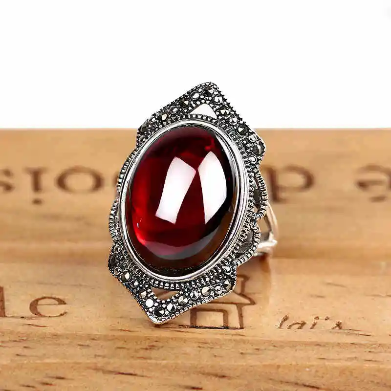 

ZHJIASHUN Royal Natural Garnet Rings For Women Vintage Gemstone 100% 925 Sterling Silver Ring Silver Jewelry Female